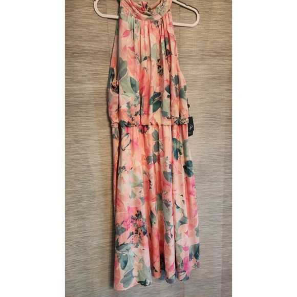 Adrianna Papell Pink Floral Halter Knee Length Chiffon Dress Sleeveless Tie - Picture 5 of 6